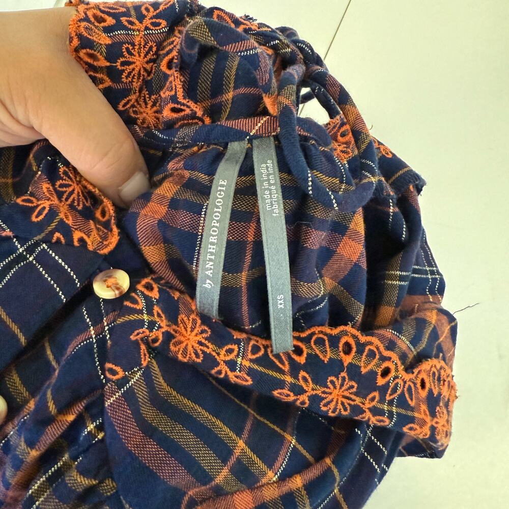 Anthropologie Midi Eyelet Plaid Plaid Navy Blue Orange Dress - 2XS XXS - Picture 7 of 10